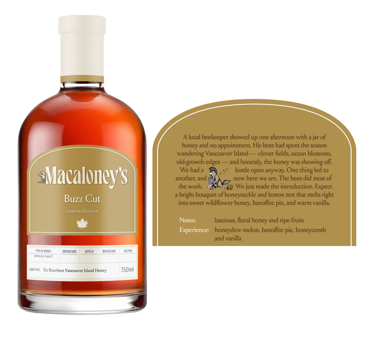 Bottle of Macaloney's Buzz Cut honey whisky with a detailed label on a white background