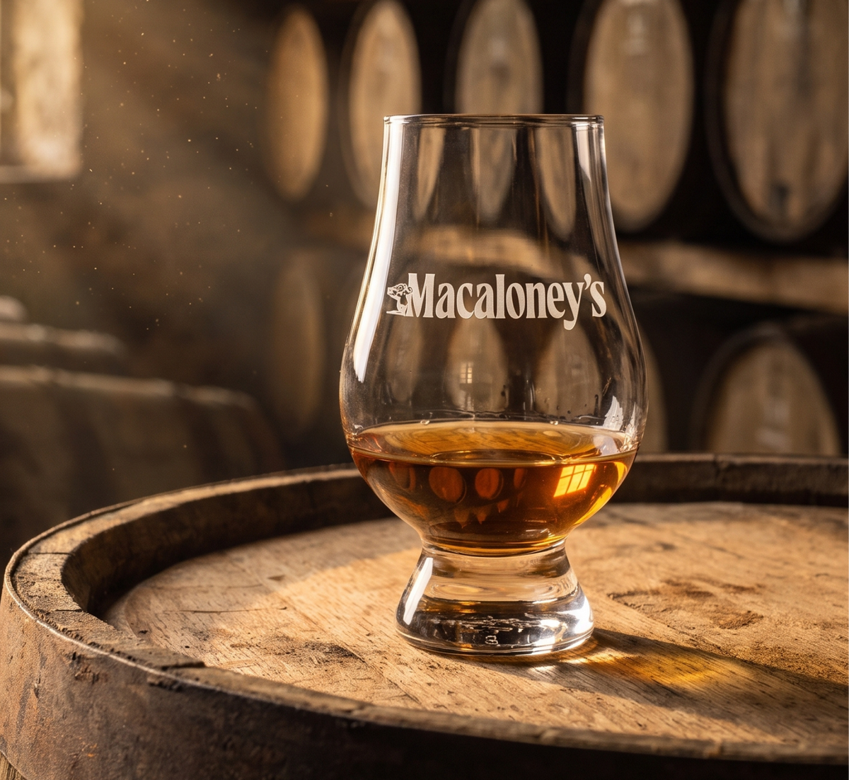 Macaloney's etched Glencairn on a cask in the warehouse