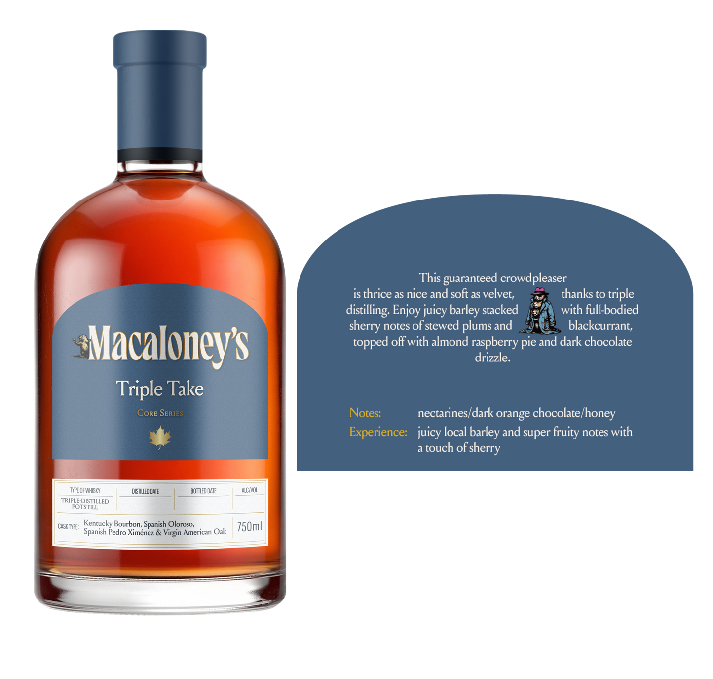 Bottle of Macaloney's Triple Take whisky with descriptive text on a white background